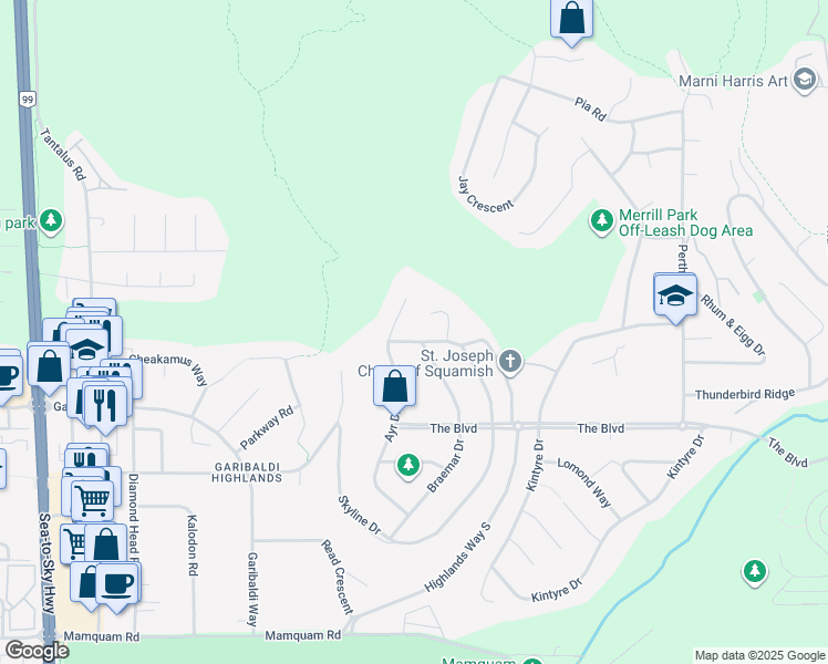 map of restaurants, bars, coffee shops, grocery stores, and more near 2361 Friedel Crescent in Squamish