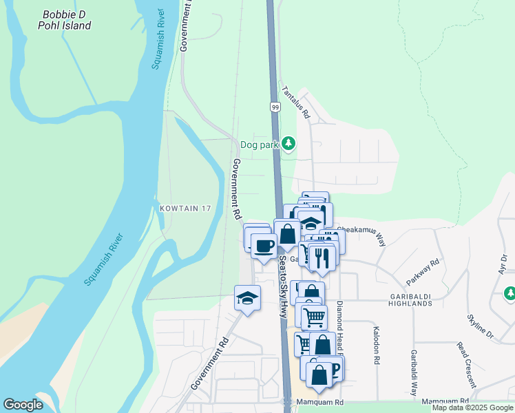 map of restaurants, bars, coffee shops, grocery stores, and more near 40504 Government Road in Squamish