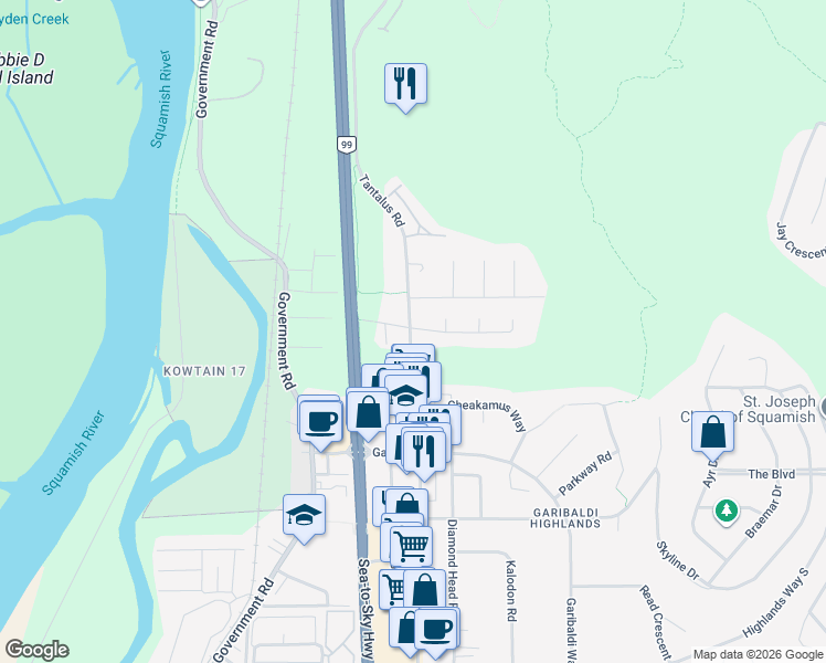 map of restaurants, bars, coffee shops, grocery stores, and more near 40653 Tantalus Rd in Squamish-Lillooet Regional District