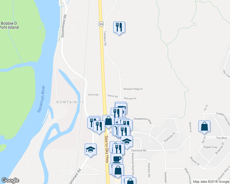 map of restaurants, bars, coffee shops, grocery stores, and more near 1889 Harris Road in Squamish