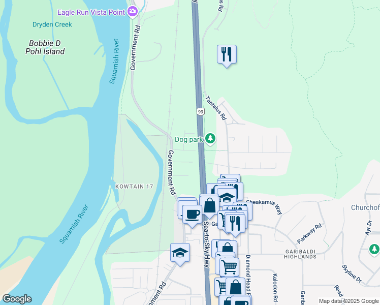 map of restaurants, bars, coffee shops, grocery stores, and more near 40632 Government Road in Squamish