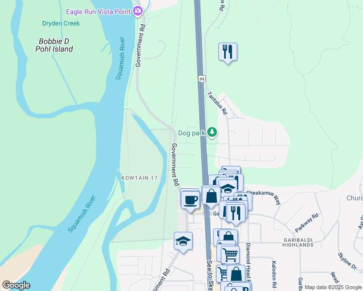 map of restaurants, bars, coffee shops, grocery stores, and more near 40632 Government Road in Squamish