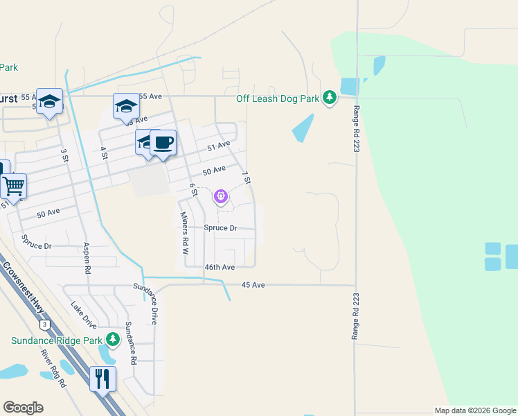 map of restaurants, bars, coffee shops, grocery stores, and more near 4825 7 Street in Coalhurst