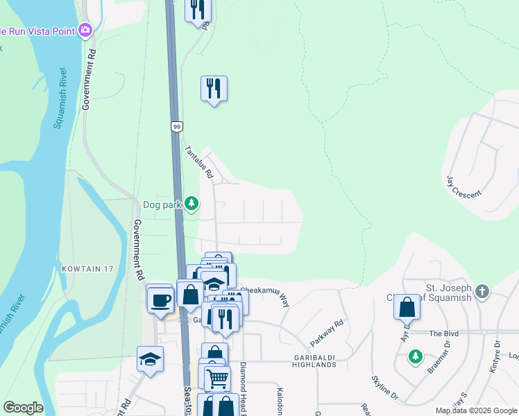 map of restaurants, bars, coffee shops, grocery stores, and more near 1020 Windsor Place in Squamish