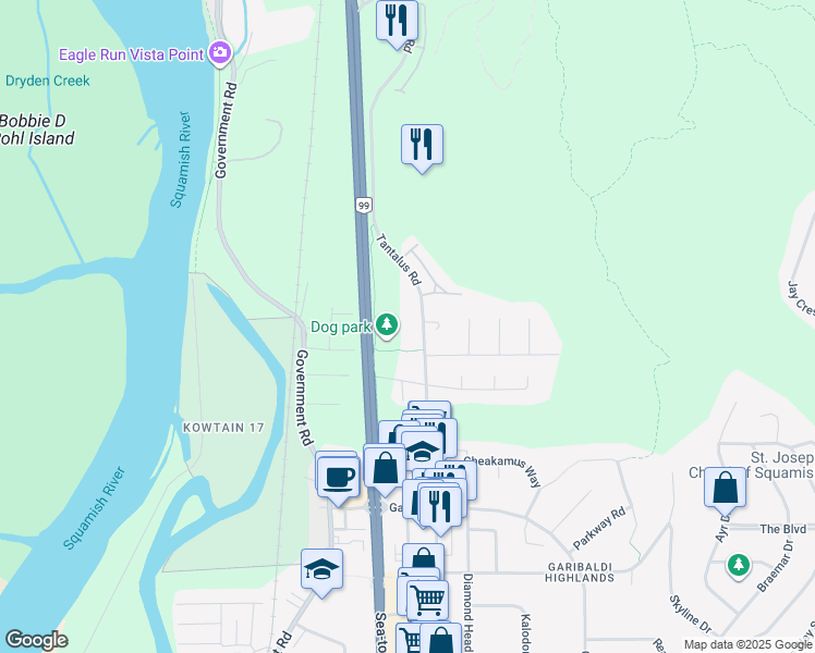 map of restaurants, bars, coffee shops, grocery stores, and more near 40653 Tantalus Road in Squamish