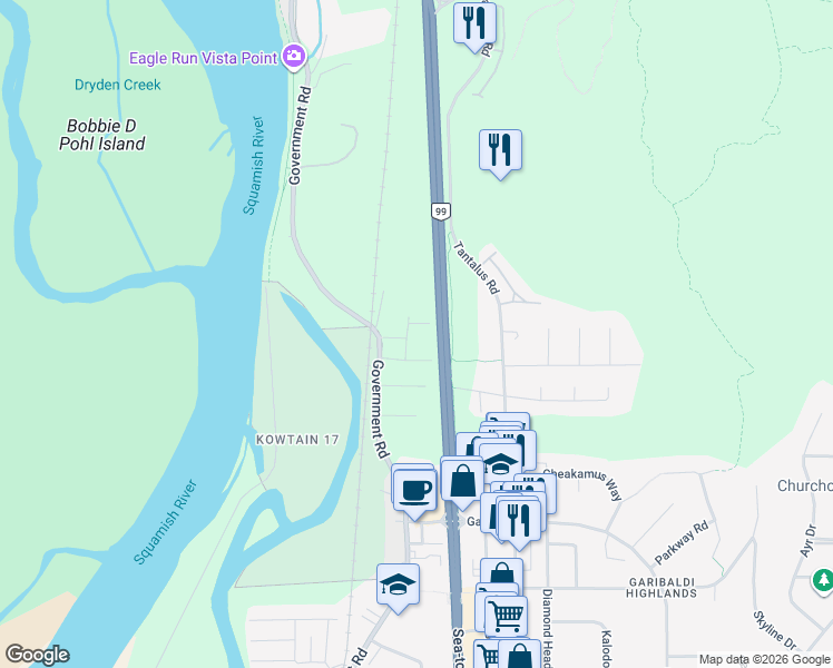 map of restaurants, bars, coffee shops, grocery stores, and more near in Squamish