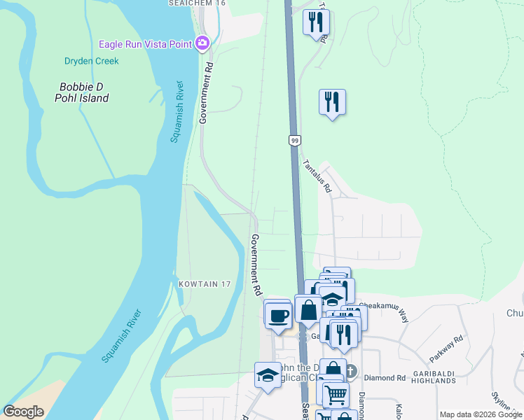 map of restaurants, bars, coffee shops, grocery stores, and more near 40668 Olson Road in Squamish