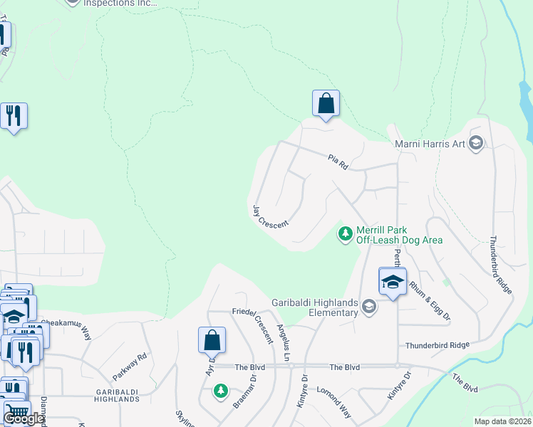 map of restaurants, bars, coffee shops, grocery stores, and more near 1031 Jay Crescent in Squamish