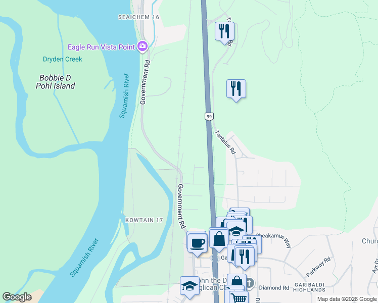 map of restaurants, bars, coffee shops, grocery stores, and more near 40708 Olson Road in Squamish