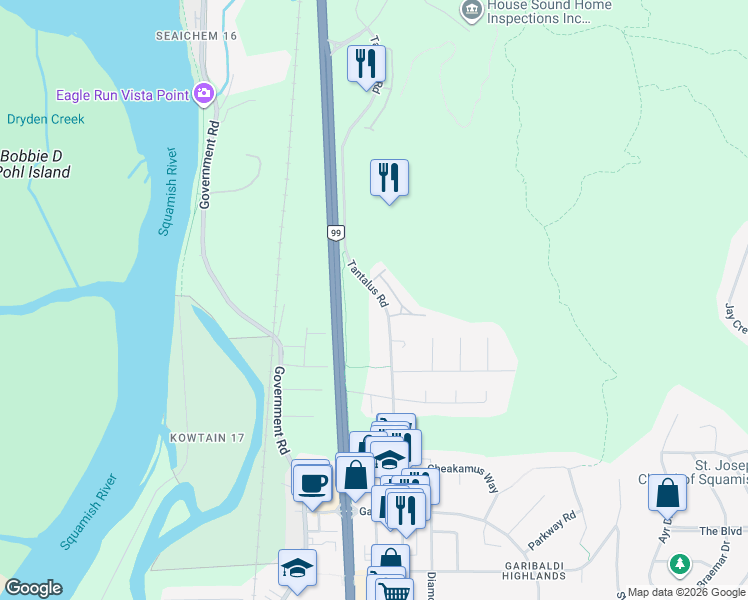 map of restaurants, bars, coffee shops, grocery stores, and more near 40775 Tantalus Road in Squamish