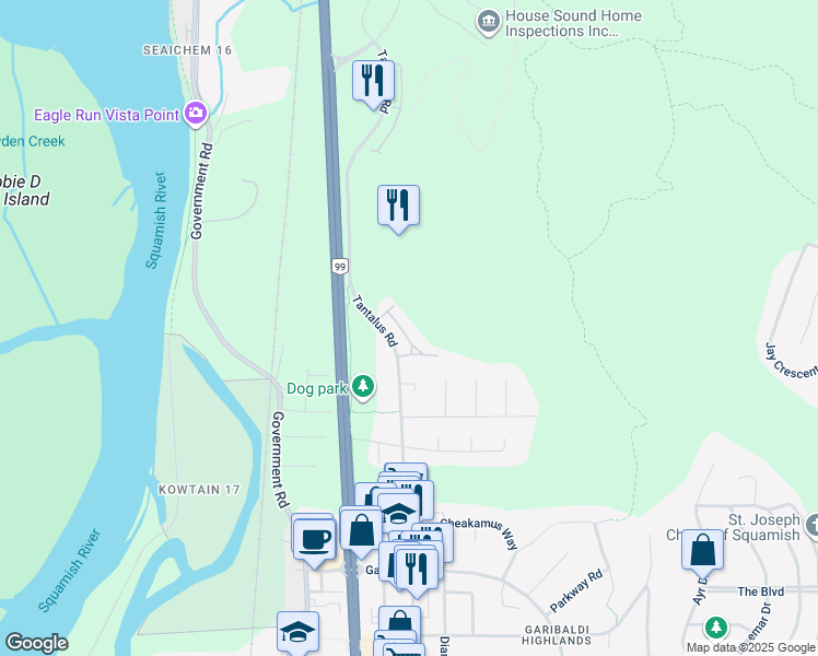 map of restaurants, bars, coffee shops, grocery stores, and more near 40750 Tantalus Road in Squamish