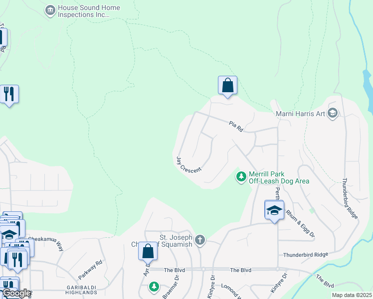 map of restaurants, bars, coffee shops, grocery stores, and more near 1023 Jay Crescent in Squamish