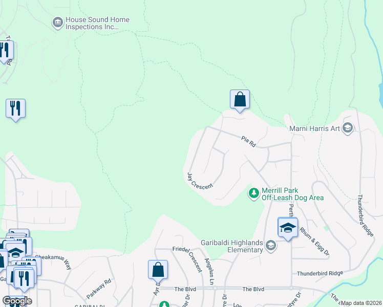 map of restaurants, bars, coffee shops, grocery stores, and more near 1018 Jay Crescent in Squamish