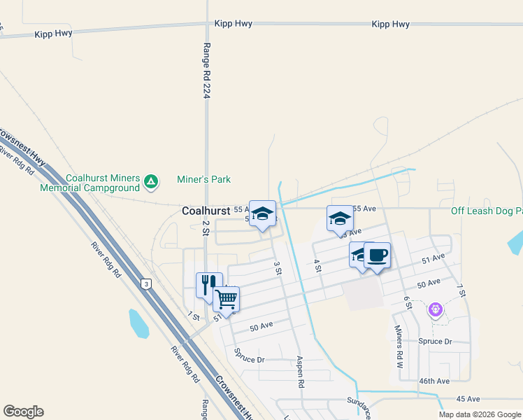 map of restaurants, bars, coffee shops, grocery stores, and more near 410 55 Avenue in Coalhurst