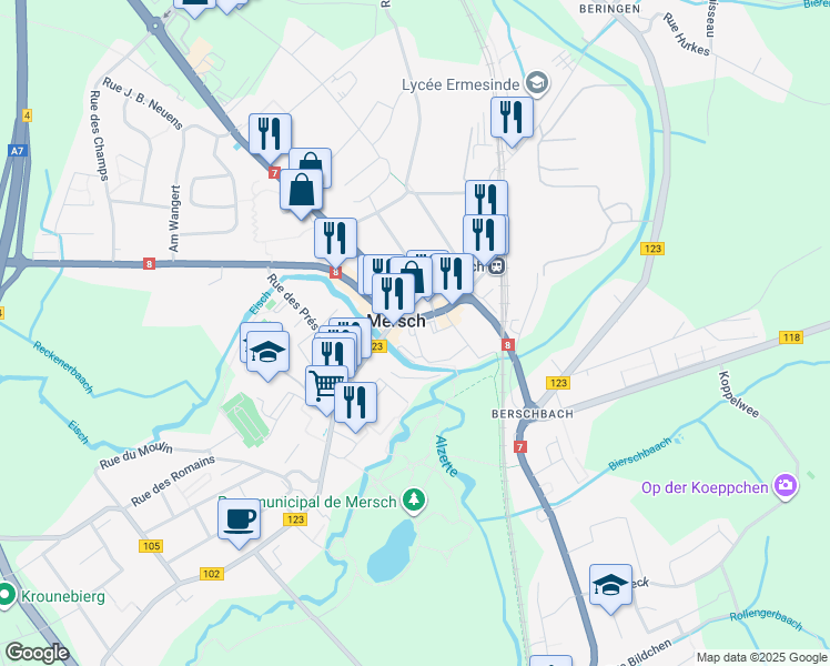 map of restaurants, bars, coffee shops, grocery stores, and more near Centre Marisca in Mersch