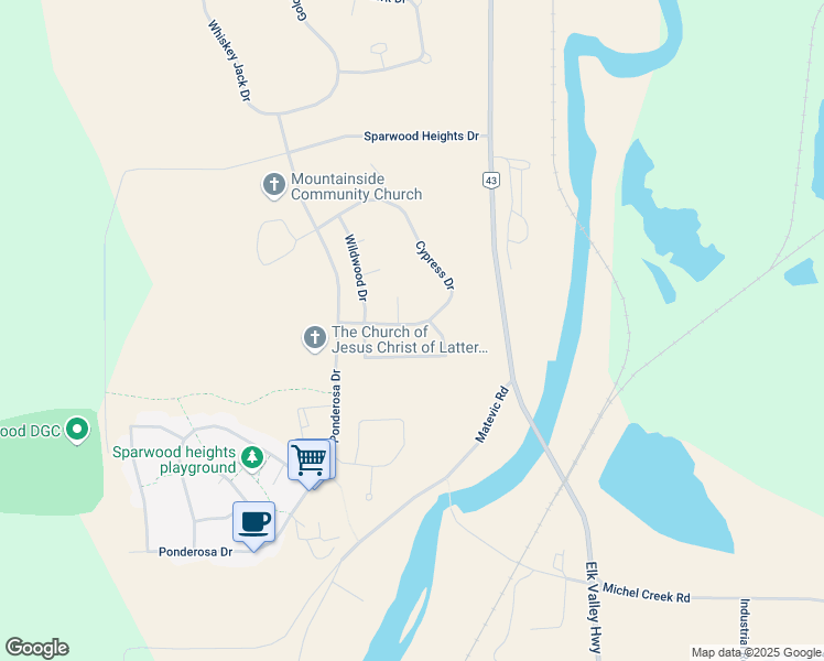 map of restaurants, bars, coffee shops, grocery stores, and more near 1324 Cypress Drive in Sparwood