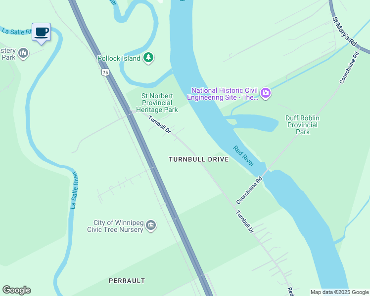 map of restaurants, bars, coffee shops, grocery stores, and more near 109 Turnbull Drive in Winnipeg