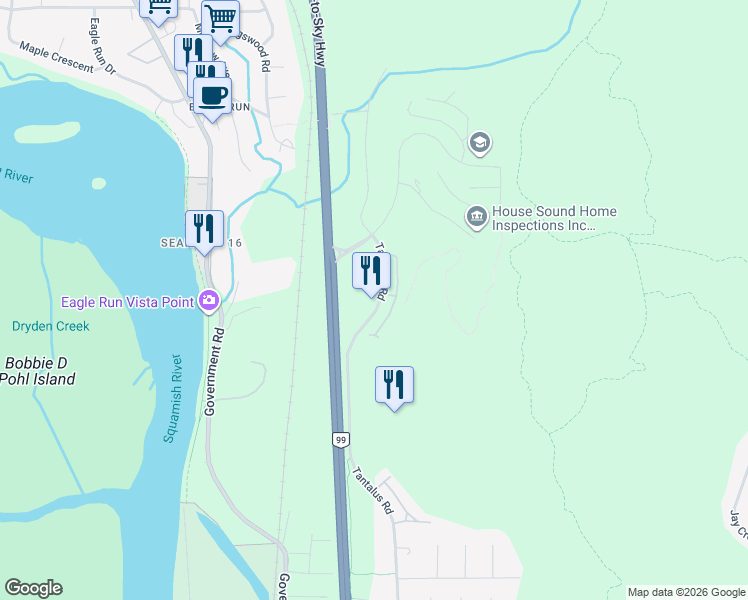 map of restaurants, bars, coffee shops, grocery stores, and more near 41105 Tantalus Road in Squamish