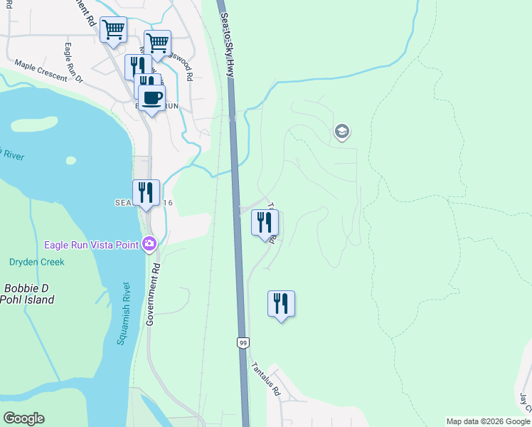 map of restaurants, bars, coffee shops, grocery stores, and more near 1870 Dowad Drive in Squamish