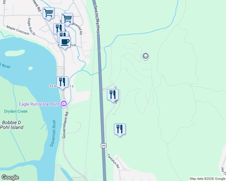 map of restaurants, bars, coffee shops, grocery stores, and more near 1870 Dowad Drive in Squamish