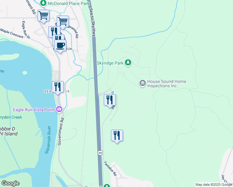 map of restaurants, bars, coffee shops, grocery stores, and more near 41050 Tantalus Road in Squamish