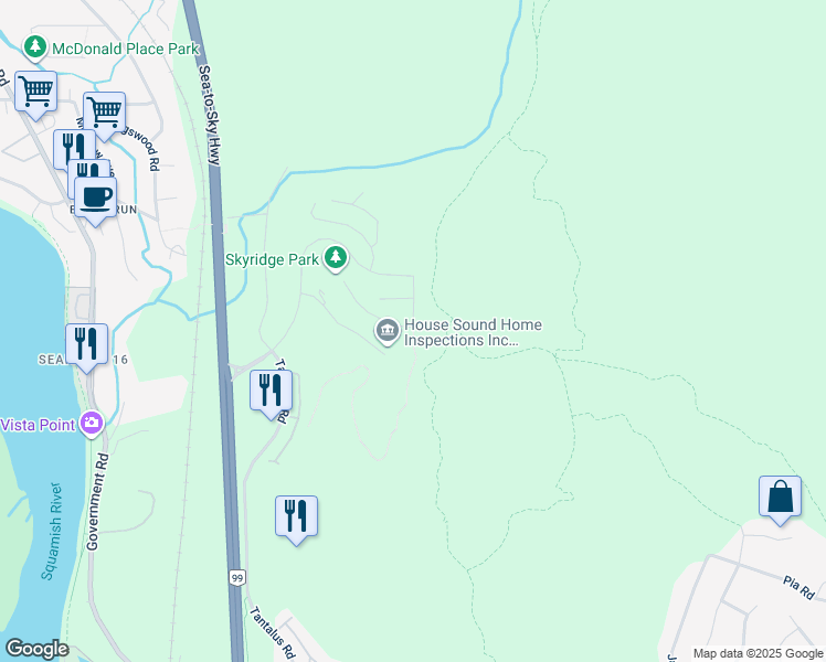 map of restaurants, bars, coffee shops, grocery stores, and more near 41201 Highline Place in Squamish