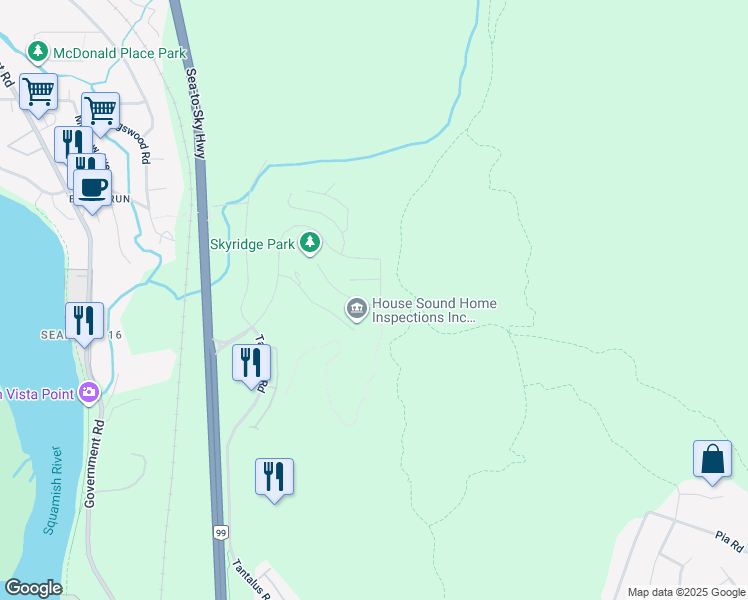 map of restaurants, bars, coffee shops, grocery stores, and more near 41204 Highline Place in Squamish