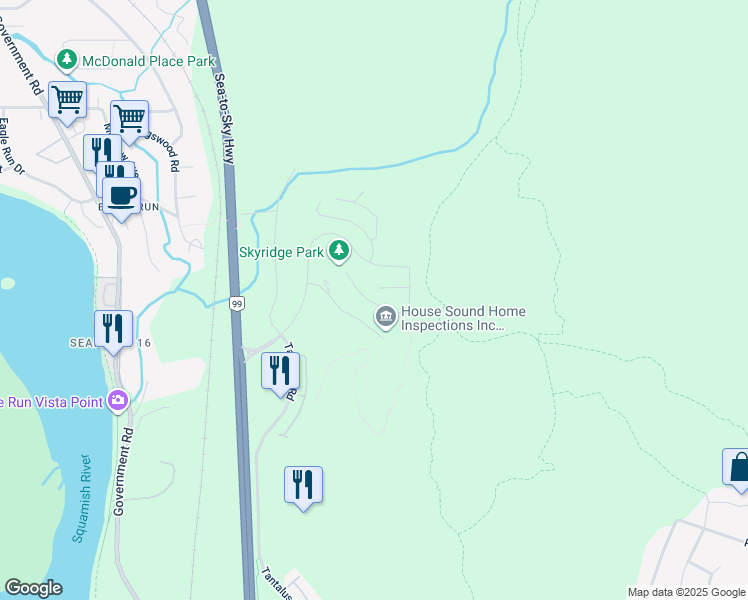 map of restaurants, bars, coffee shops, grocery stores, and more near 41224 Highline Place in Squamish