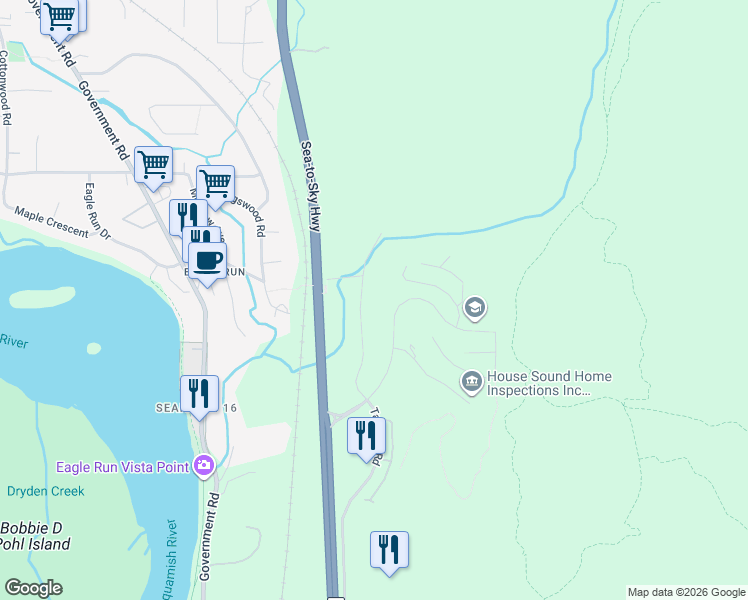 map of restaurants, bars, coffee shops, grocery stores, and more near 41308 Tantalus Road in Squamish