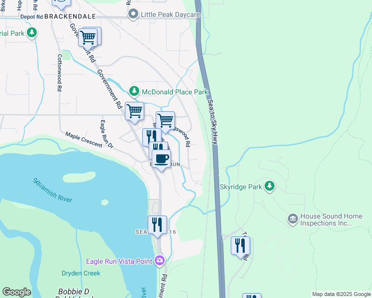 map of restaurants, bars, coffee shops, grocery stores, and more near 41343 Kingswood Road in Squamish