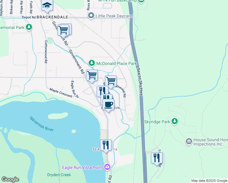 map of restaurants, bars, coffee shops, grocery stores, and more near 41432 Meadow Avenue in Squamish