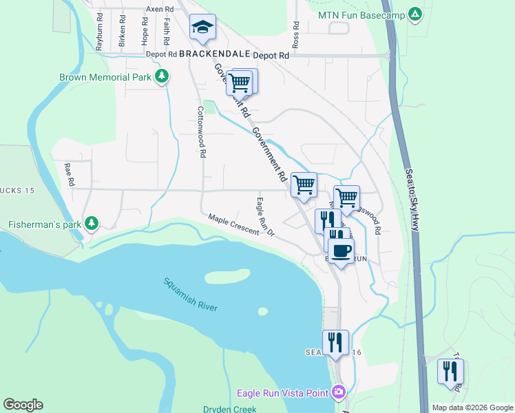 map of restaurants, bars, coffee shops, grocery stores, and more near 1515 Eagle Run Drive in Squamish