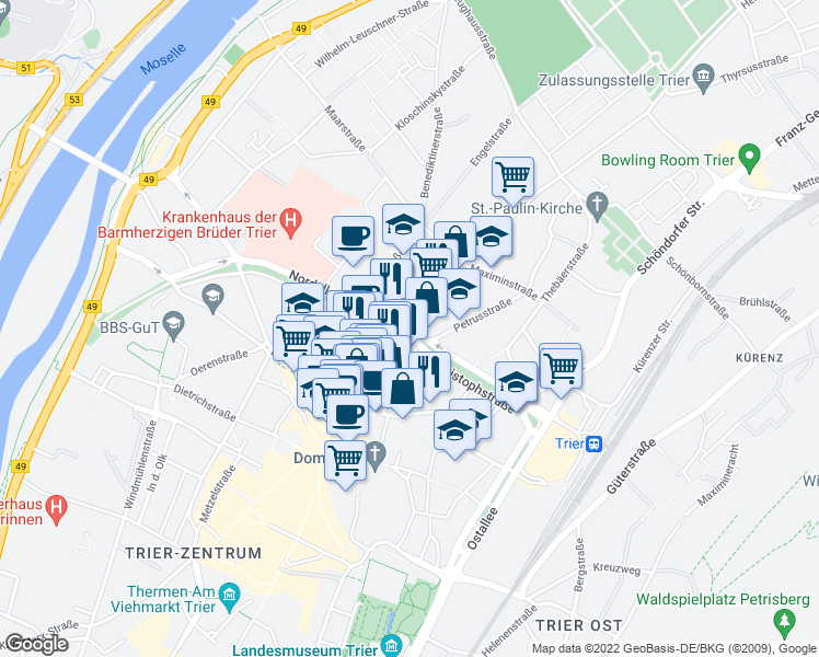 map of restaurants, bars, coffee shops, grocery stores, and more near Porta-Nigra-Platz in Trier