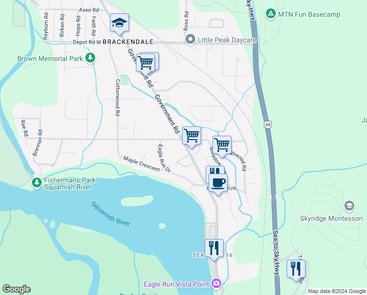 map of restaurants, bars, coffee shops, grocery stores, and more near 1500 Judd Road in Squamish