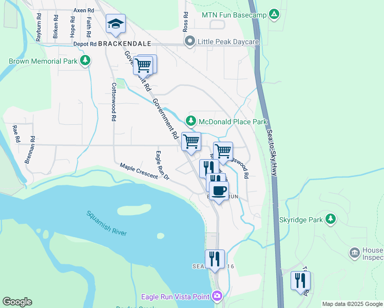 map of restaurants, bars, coffee shops, grocery stores, and more near 41450 Government Road in Squamish
