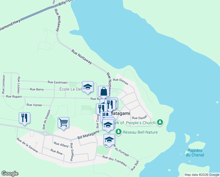 map of restaurants, bars, coffee shops, grocery stores, and more near 12 Rue Nottaway in Matagami