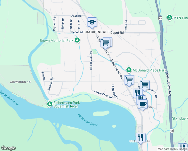 map of restaurants, bars, coffee shops, grocery stores, and more near 41540 Cottonwood Road in Squamish