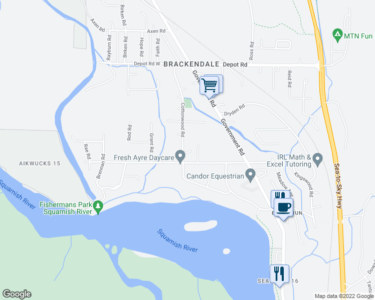 map of restaurants, bars, coffee shops, grocery stores, and more near 41540 Cottonwood Road in Squamish