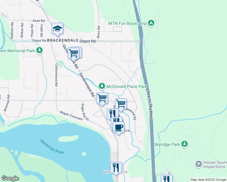 map of restaurants, bars, coffee shops, grocery stores, and more near 1681 Macdonald Place in Squamish