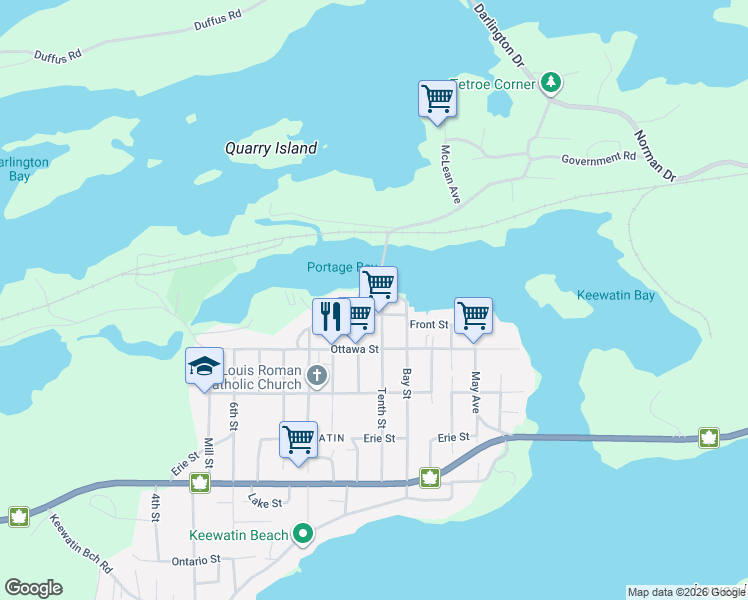 map of restaurants, bars, coffee shops, grocery stores, and more near 202 Tenth Street in Kenora