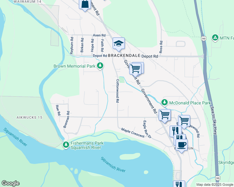 map of restaurants, bars, coffee shops, grocery stores, and more near 41599 Cottonwood Road in Squamish