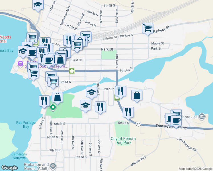 map of restaurants, bars, coffee shops, grocery stores, and more near 718 River Drive in Kenora