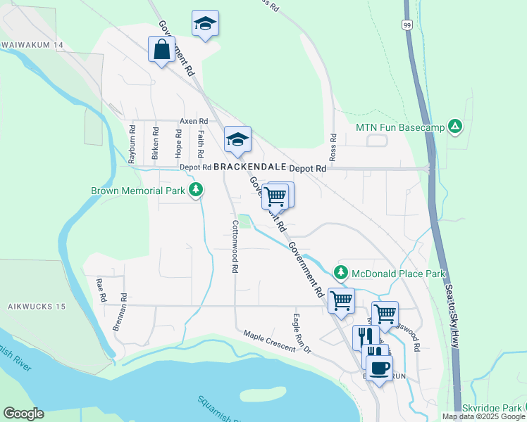 map of restaurants, bars, coffee shops, grocery stores, and more near 41717 Government Road in Squamish