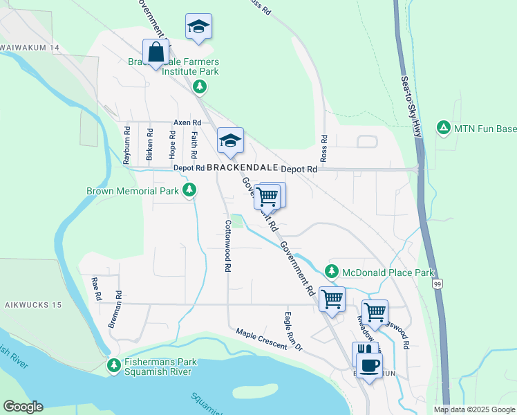 map of restaurants, bars, coffee shops, grocery stores, and more near 41727 Government Road in Squamish