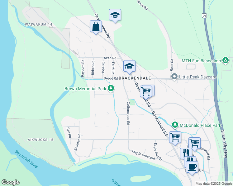 map of restaurants, bars, coffee shops, grocery stores, and more near 23 Bracken Park Way in Squamish