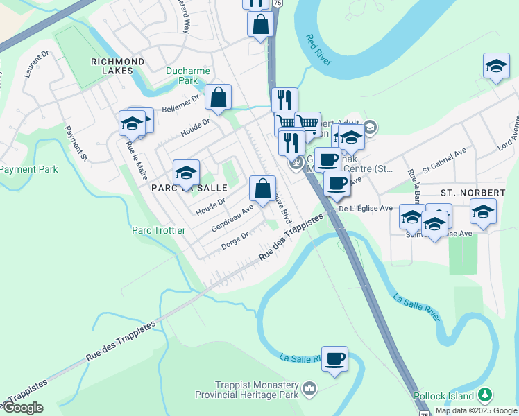 map of restaurants, bars, coffee shops, grocery stores, and more near 118 Dorge Drive in Winnipeg