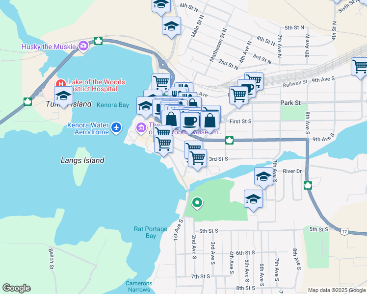 map of restaurants, bars, coffee shops, grocery stores, and more near 324 3rd Street South in Kenora