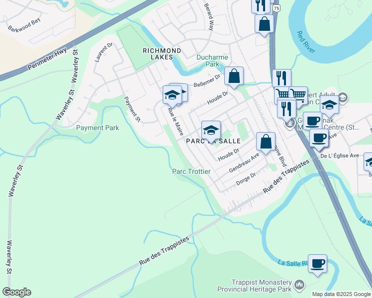 map of restaurants, bars, coffee shops, grocery stores, and more near 152 le Maire Street in Winnipeg