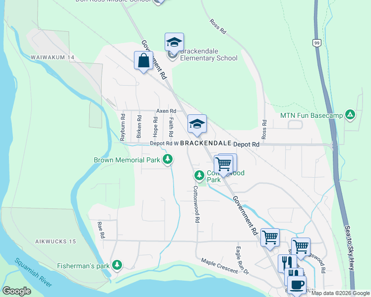 map of restaurants, bars, coffee shops, grocery stores, and more near 41789 Cottonwood Road in Squamish