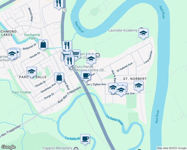 map of restaurants, bars, coffee shops, grocery stores, and more near 956 Lemay Avenue in Winnipeg